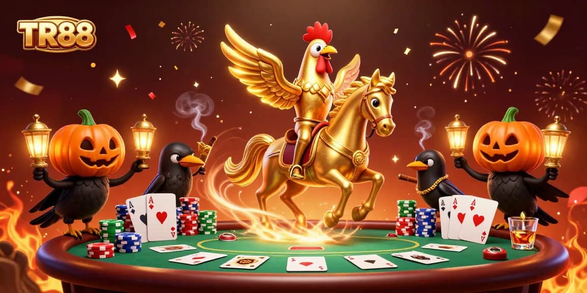 Experience excitement at TR88 with a golden rooster and friends amidst a vibrant casino scene.