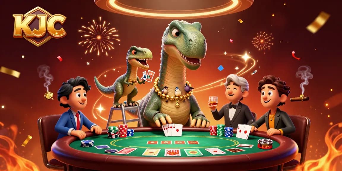 KJC welcomes players with a vibrant scene of a giant brontosaurus overseeing a lively poker game