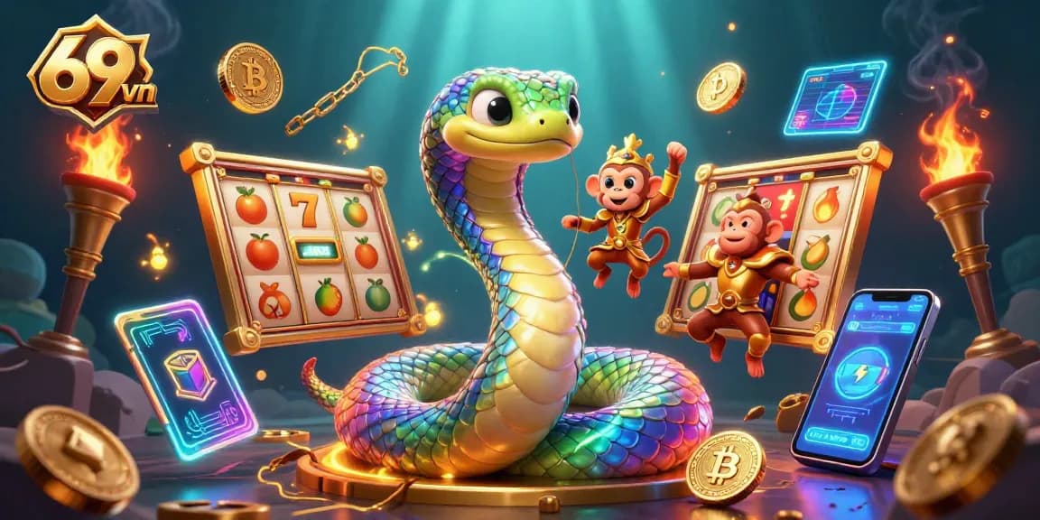Engage with 69 vn's slots and jackpot games in a vibrant 3D scene featuring a rainbow serpent and monkey king.