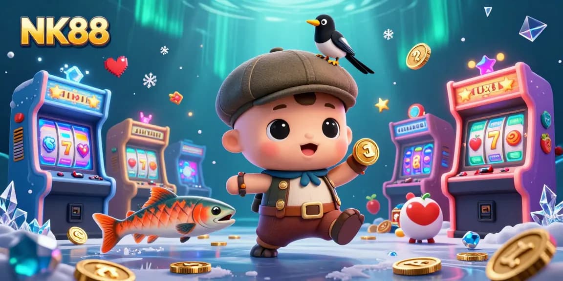 Spin reels at NK88 with 3D cartoon characters amid vibrant casino elements.