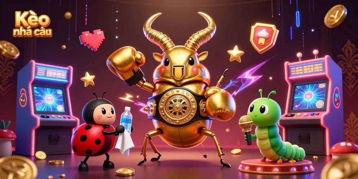 Kèo nhà cái showcases energetic gambling action with a golden stag beetle and vibrant arcade games.