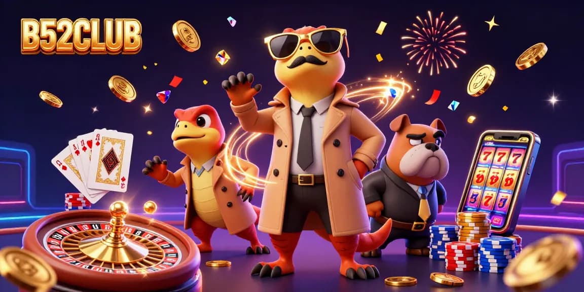 B52CLUB cartoon scene showcases raptors in a trench coat at a VIP casino, surrounded by sparkling rewards.