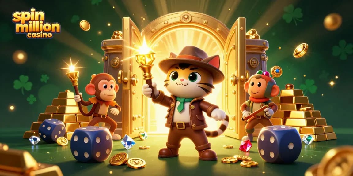 Spin million casino illustration showcasing an archaeologist cat and monkey amidst treasure and gaming elements.