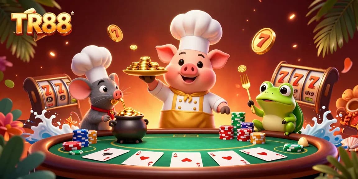 Win big at TR88 with a vibrant casino scene showcasing pig chef, mouse sous-chef, and frog critic.