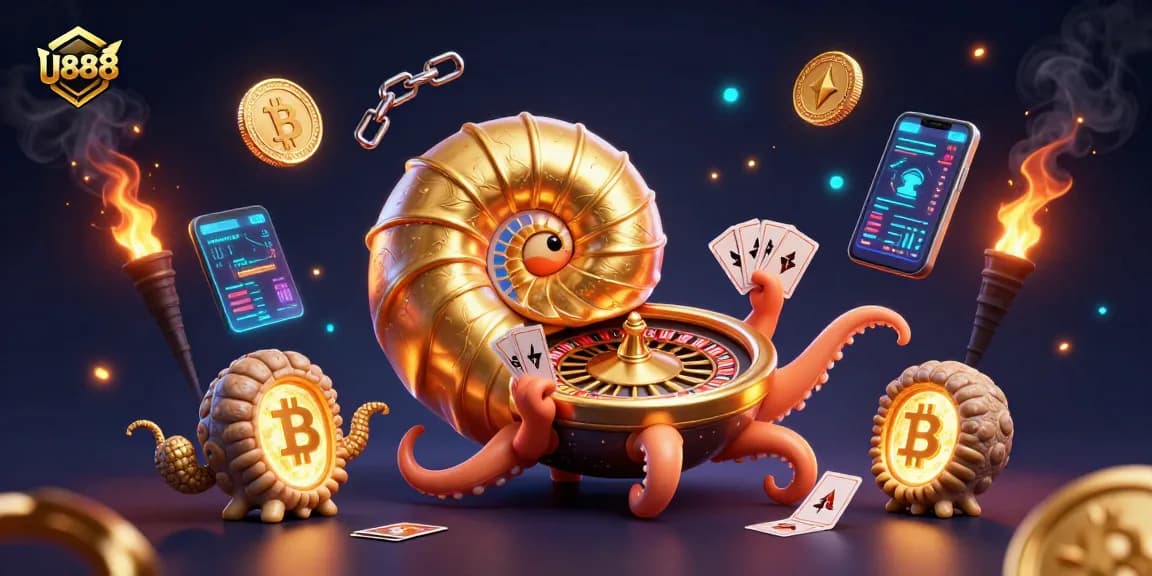 Experience thrilling gameplay at U888 with a giant nautilus roulette wheel and glowing crypto coins.