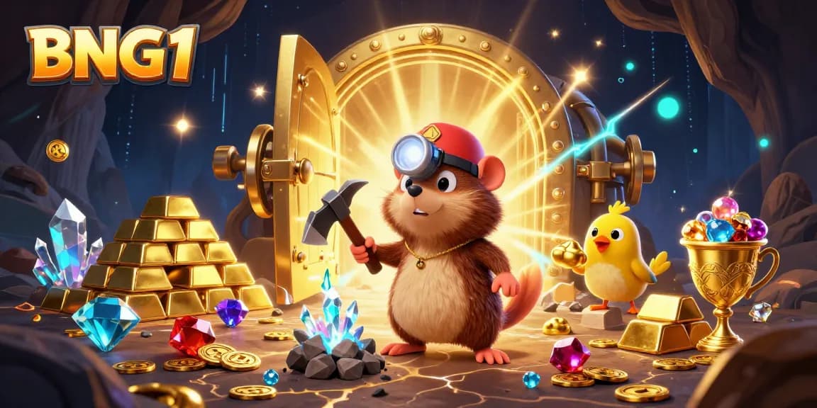 Experience the thrill of BNG1 with vibrant treasures and gaming excitement in a 3D illustration.
