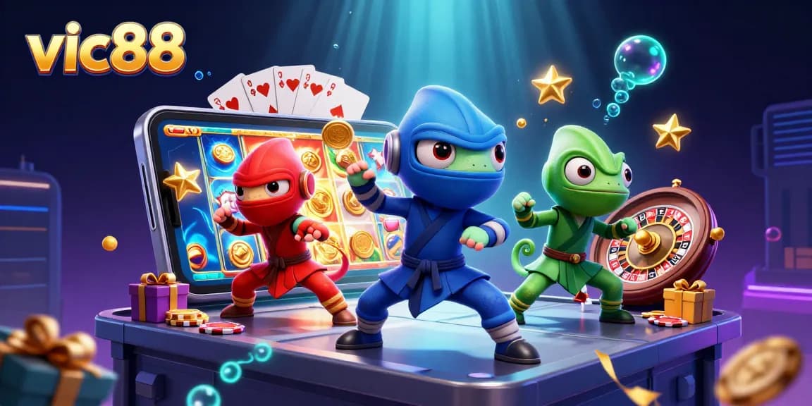 Experience the excitement of vic88 with colorful slots and engaging characters in a vibrant casino illustration.