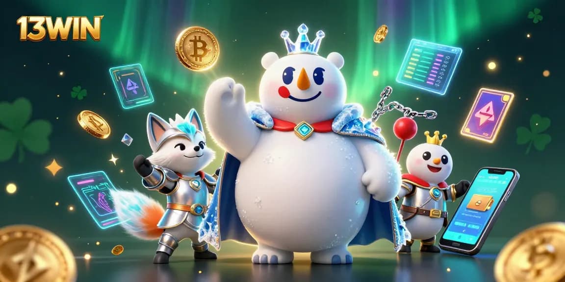Spin the reels with 13WIN in this vibrant and dynamic 3D casino scene featuring polar characters.