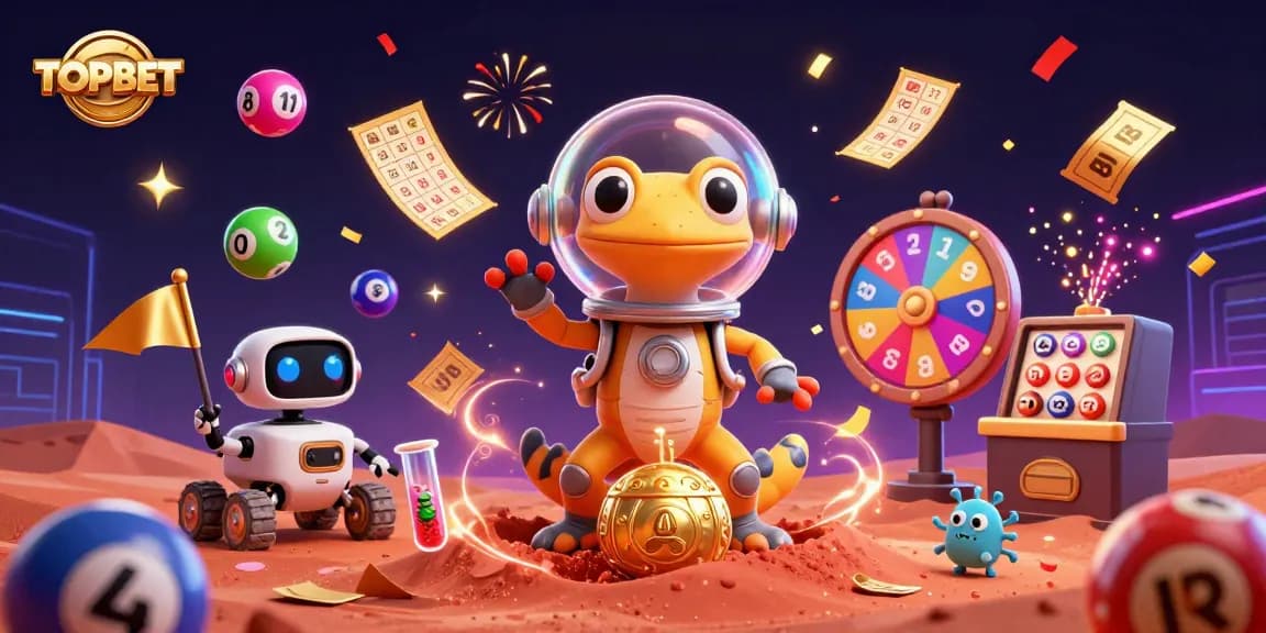 Join the adventure at TOPBET as a Martian gecko explores a golden casino among vibrant lottery elements.