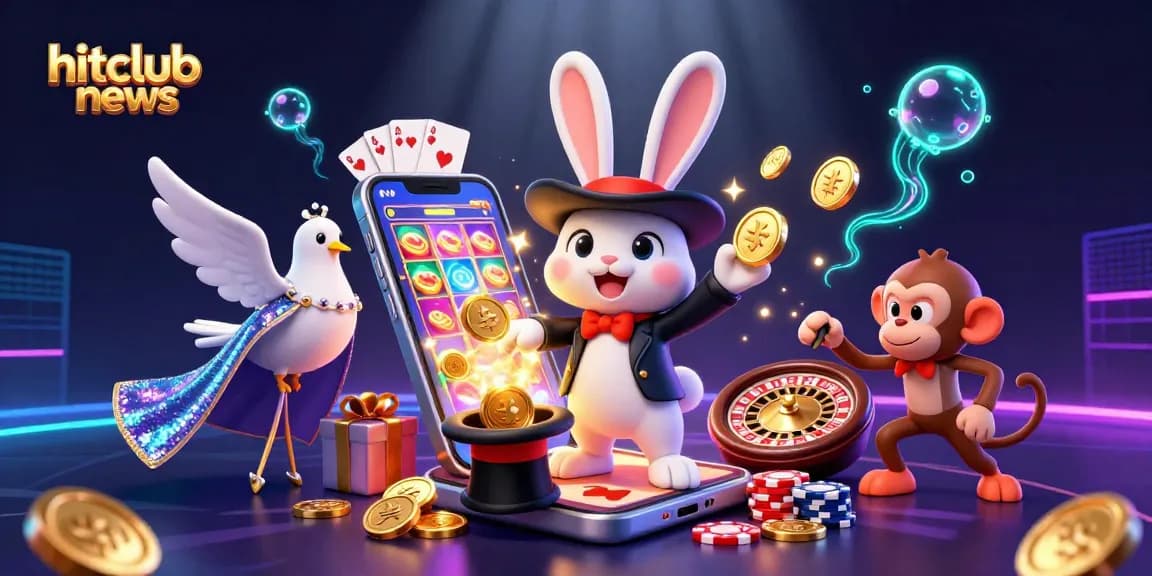 Engage with hitclubnews as the magician rabbit conjures coins amidst poker chips and vibrant casino action.
