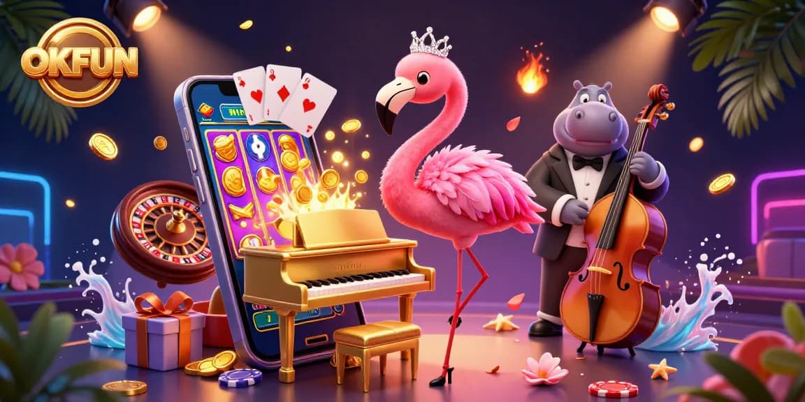 Engage with OKFUN's vibrant casino world featuring a flamingo singer and hippo bassist in a lively 3D scene.
