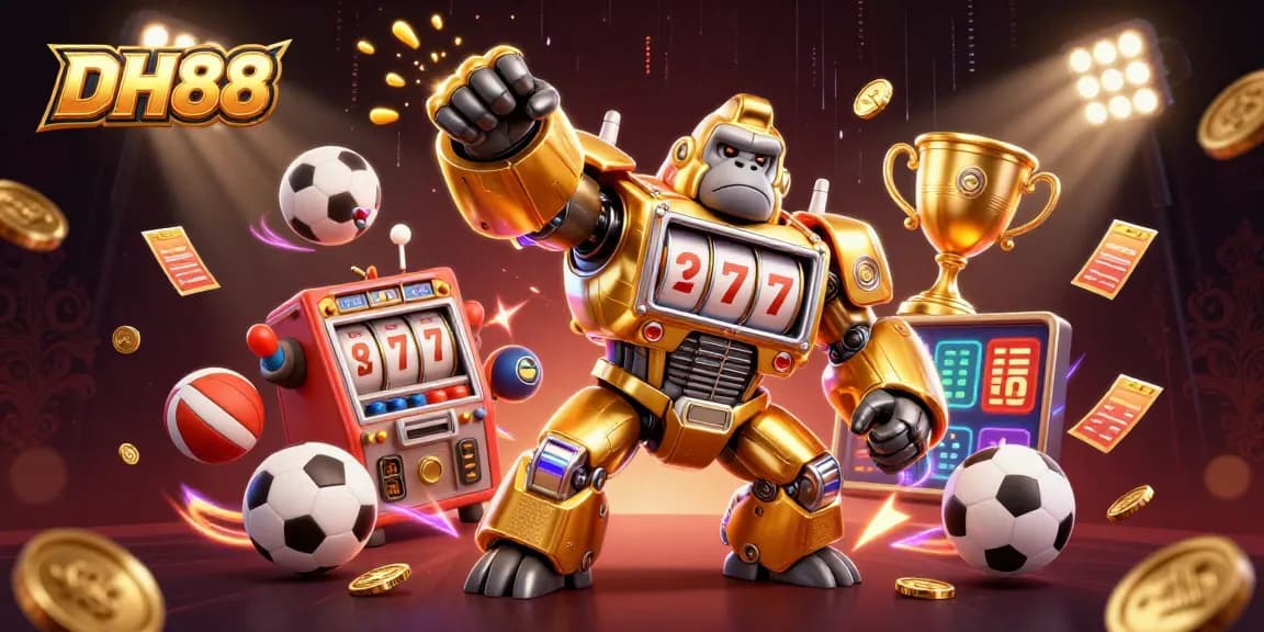 Experience DH88 with thrilling gaming moments, showcasing a golden gorilla mech celebrating wins and exciting sports.