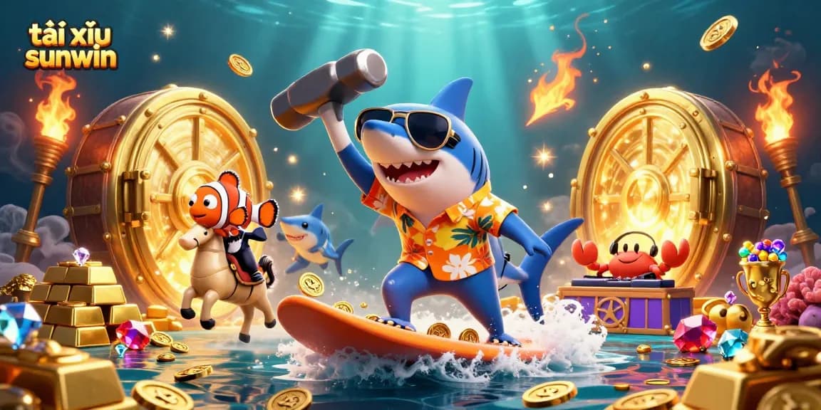 Engage in thrilling tài xỉu sunwin adventures with dynamic, vibrant casino characters on a treasure wave.