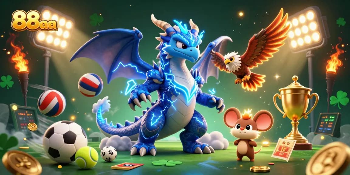 Experience exciting betting with 88aa at this vivid 3D gaming illustration featuring dynamic sports elements and electric characters.
