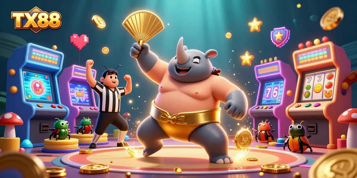 TX88 showcases exciting casino action with a beetle sumo champion amidst slot machines.