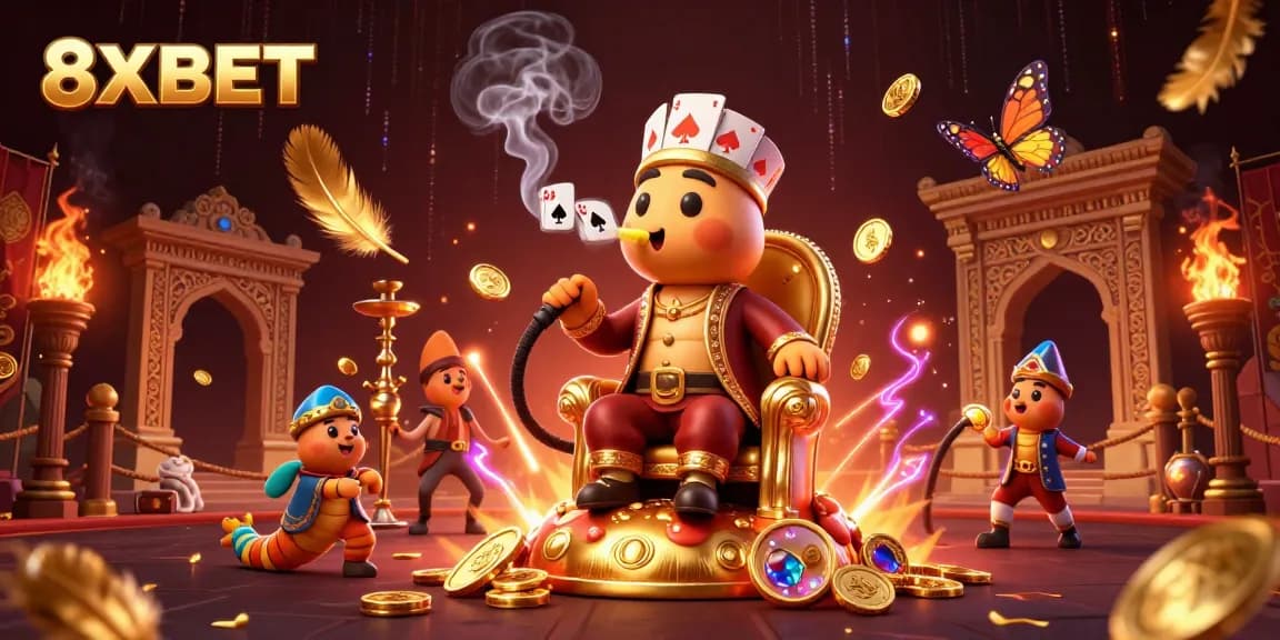 Experience the excitement of 8XBET with a vibrant 3D illustration showcasing engaging gambling elements and characters.