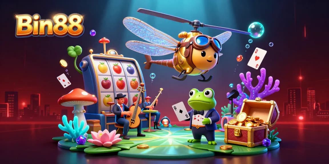 Experience Bin88 with vibrant casino elements and lively characters in a dynamic scene.