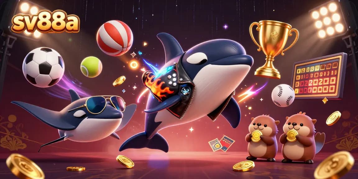 Experience the excitement of sv88a with betting elements and animated sea creatures in this vibrant 3D illustration.