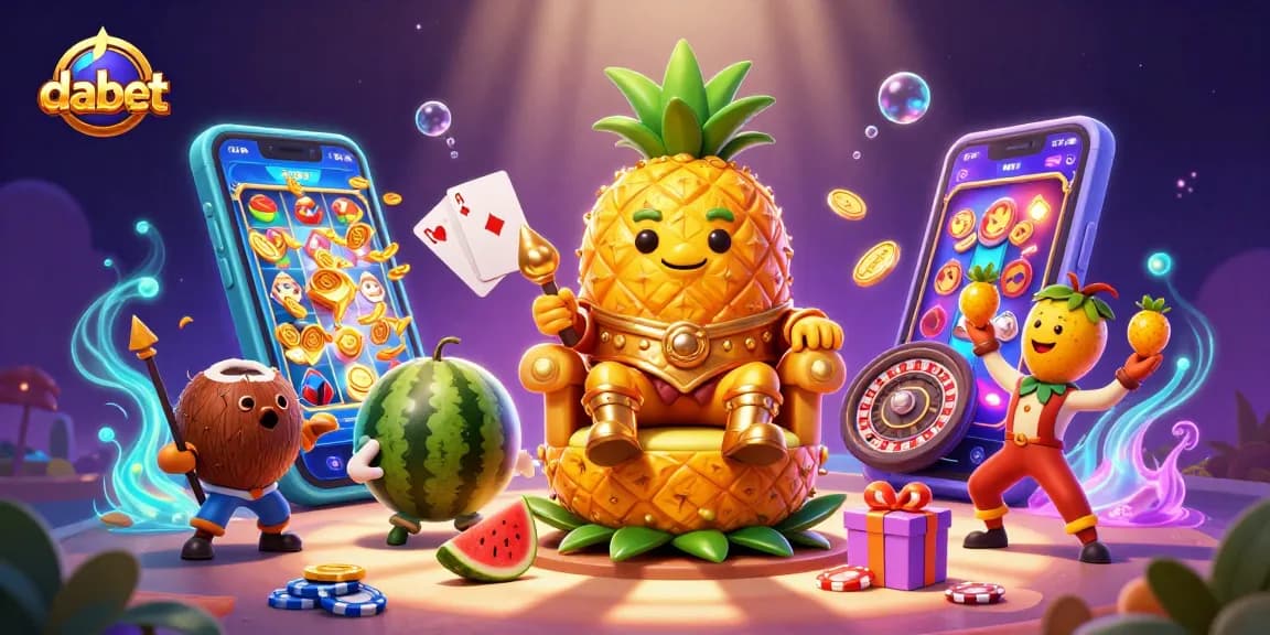 Experience thrilling gameplay at dabet with a vibrant beach casino scene featuring a golden pineapple king and game elements.