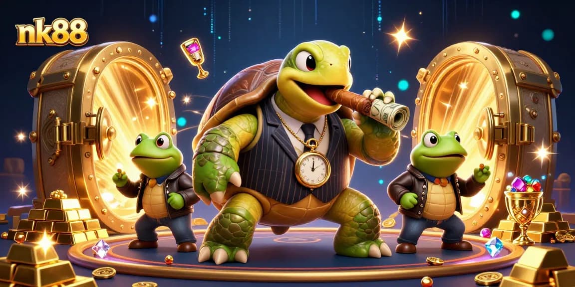 Win big at nk88, featuring a vibrant casino scene with a turtle in a pinstripe suit and treasure