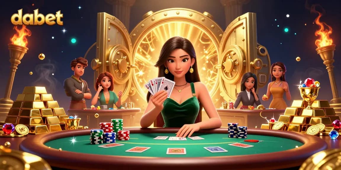 Dabet casino strategy session with a focused player at a poker table amidst gold treasures.