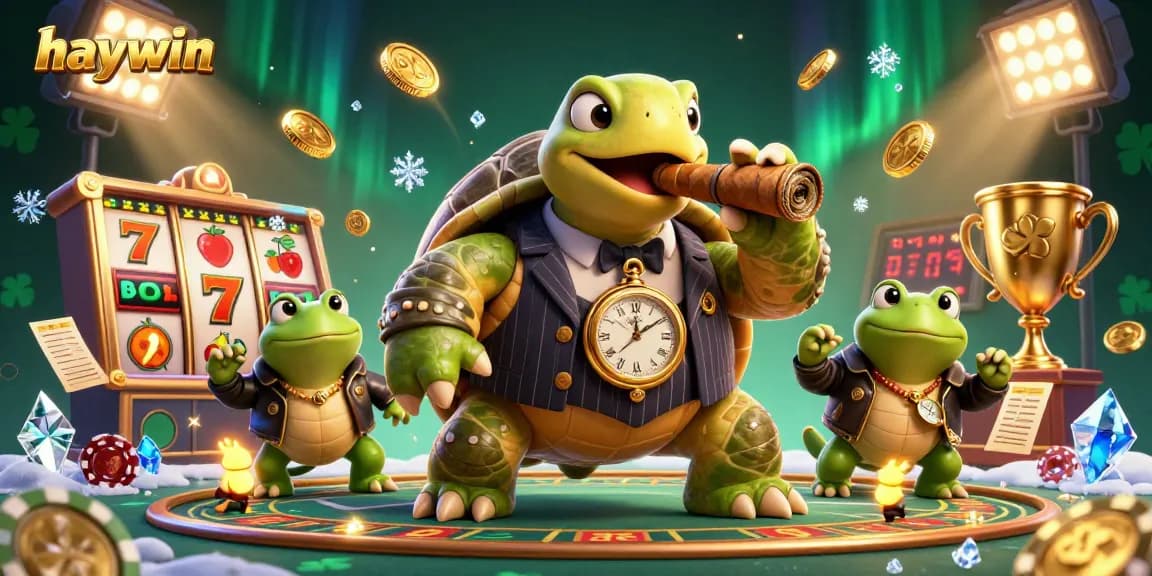 Experience thrilling slots at haywin with a massive snapping turtle and bullfrog enforcers in a vibrant casino scene.