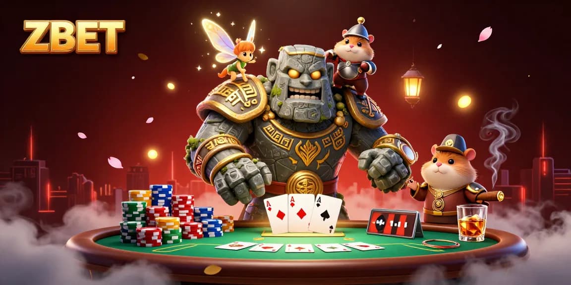 ZBET invites players to win big at an enchanting poker scene with a magical golem and knight.