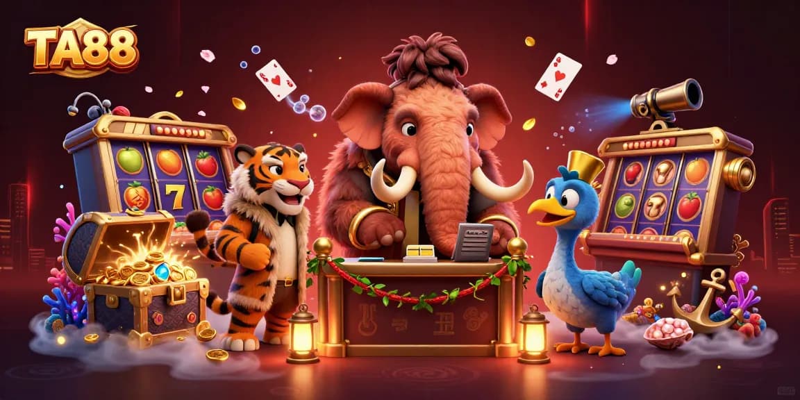 TA88 engages players with thrilling slot machine action featuring a cartoon casino scene.