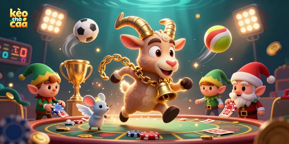 Experience kèo nhà cái with a 3D cartoon scene featuring a festive casino atmosphere and sports elements.