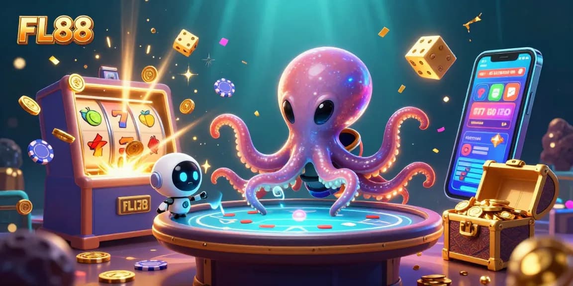 Engage with FL88's thrilling gameplay as an alien octopus runs a holographic poker table amidst vibrant slot symbols.