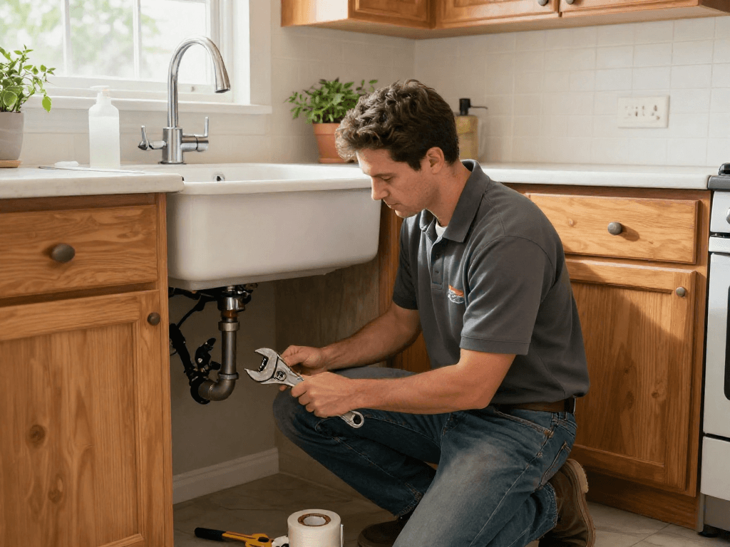 Licensed plumber from Mateo and Sons Plumbing repairing kitchen sink leaks with tools in a well-lit home setting.