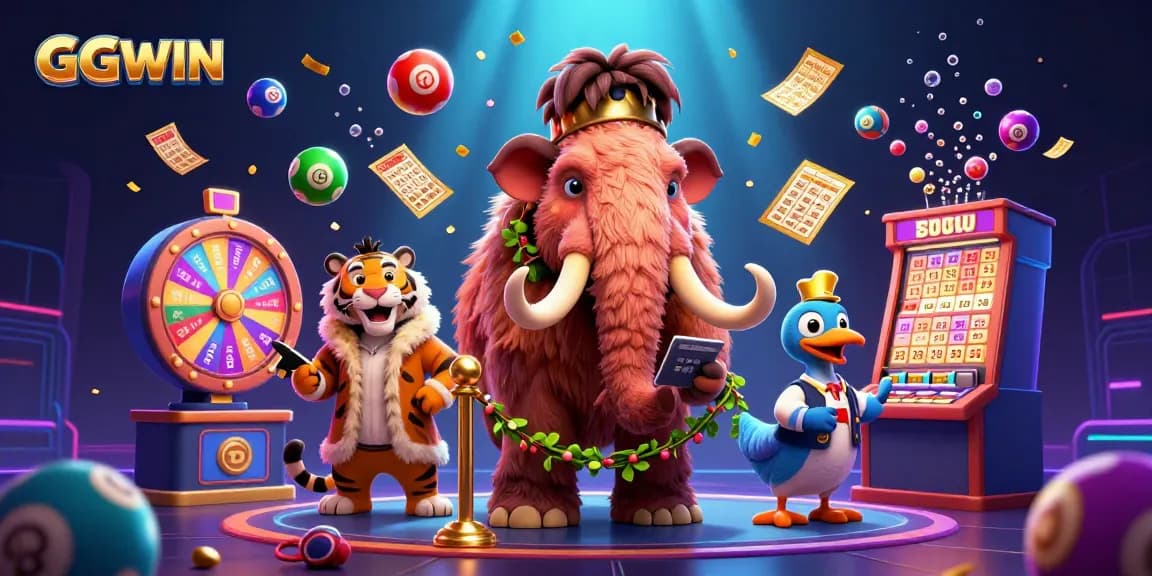 Experience thrilling gaming at GGWIN with a vibrant scene featuring a woolly mammoth bouncer and VIP guests.