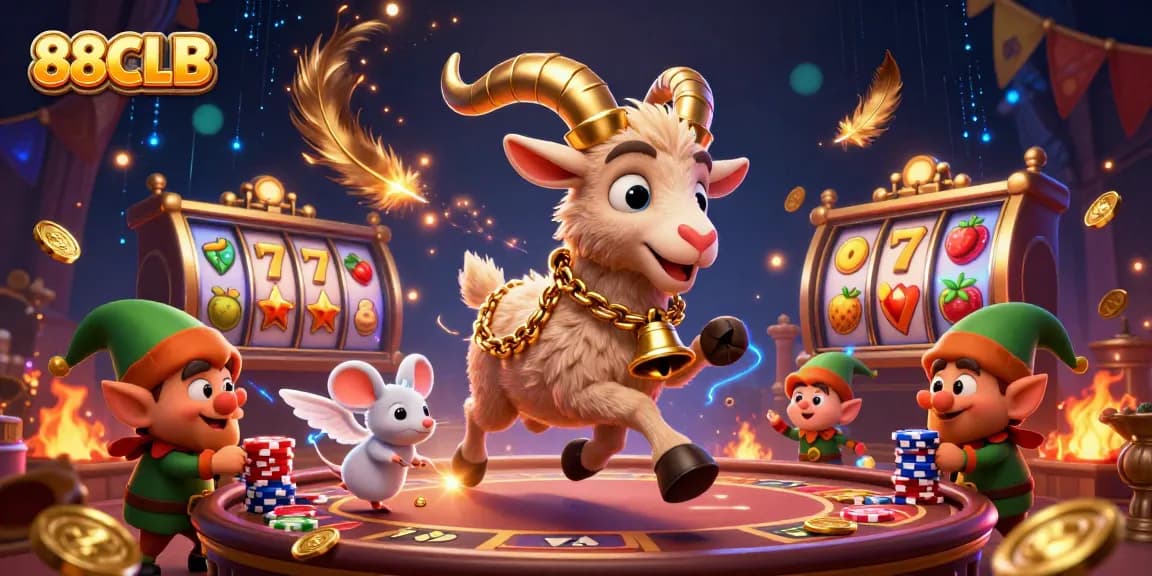 Engage in thrilling action at 88CLB's festive casino with cartoon characters amidst vibrant slot games and gold.