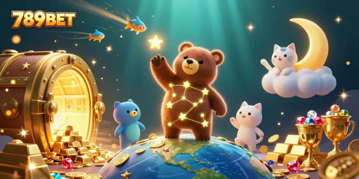 Experience the thrilling world of 789BET with a cosmic bear scooping coins in an enchanting casino illustration.