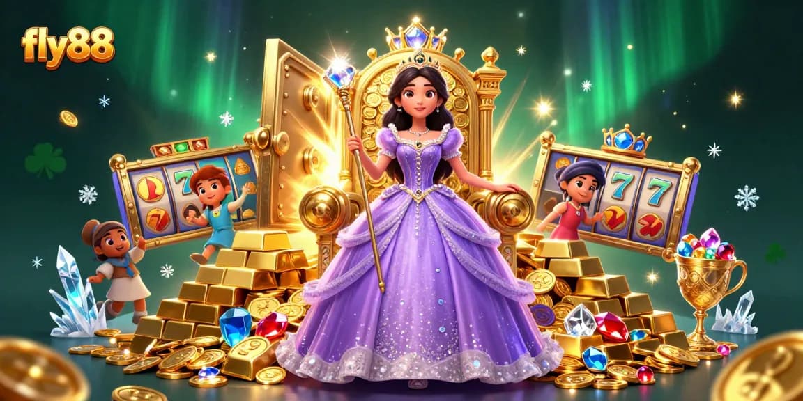 Experience thrilling gaming with fly88 in a rich 3D casino illustration featuring jackpots and treasures.