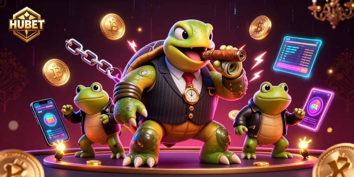 Experience HUBET's vibrant 3D casino scene with a snapping turtle and bullfrog enforcers gambling.
