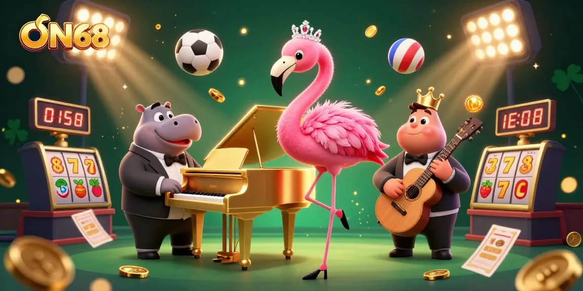 Experience the excitement of ON68 with vibrant casino characters and rich gaming elements in this colorful illustration.