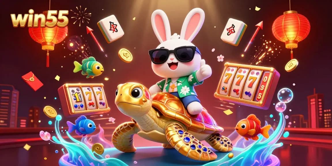 Join the fun at win55 with a lively 3D illustration of a lucky rabbit and golden sea turtle at a vibrant casino.