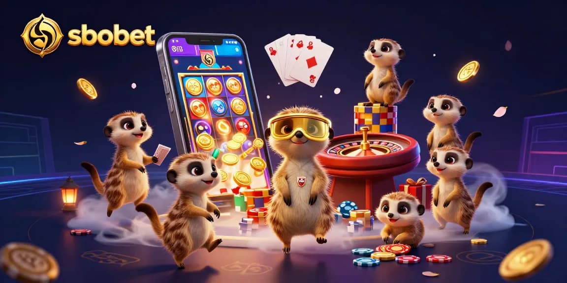 Experience sbobet's vibrant casino with meerkats amidst dynamic gaming elements in a playful 3D scene.