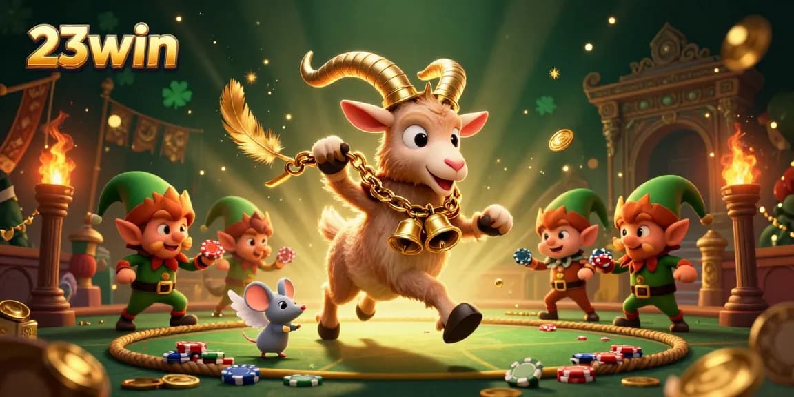 Experience 23win's thrilling casino atmosphere with playful characters and vibrant gaming elements.