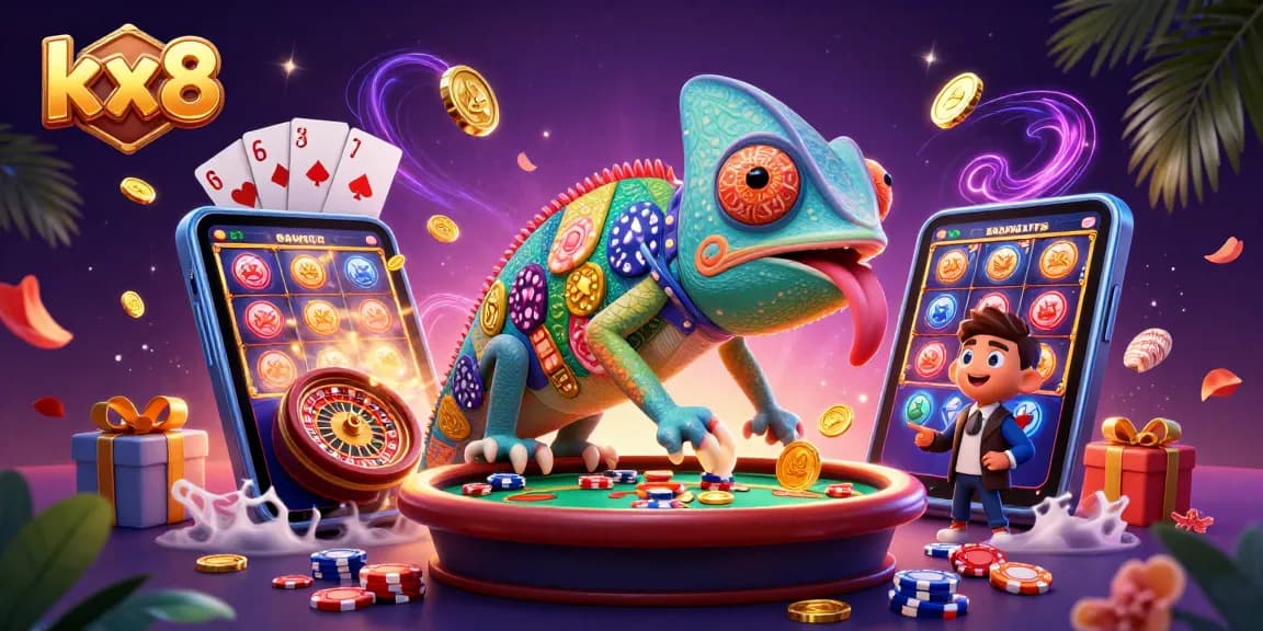 Experience thrilling gaming action at kx8 with a vibrant chameleon casino owner snapping up golden coins!