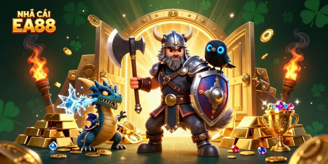 Engage with thrilling games at NHÀ CÁI EA88, featuring vivid characters and treasure elements in a rich casino environment.