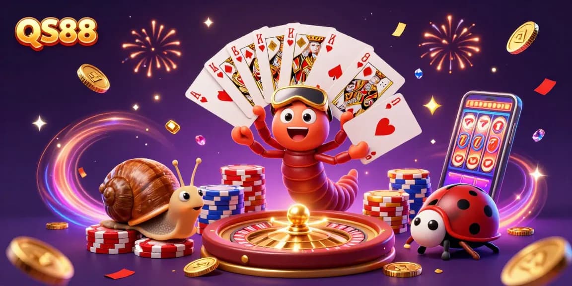 Experience winning excitement at QS88 with vibrant casino characters in action, surrounded by dynamic gaming elements.