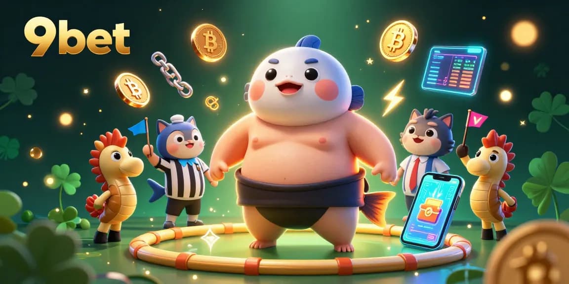 Engage in thrilling underwater gaming at 9bet with vibrant characters and glowing crypto elements.