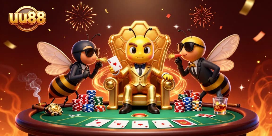 uu88 showcases an energetic casino scene with a cartoon mob boss and poker elements.