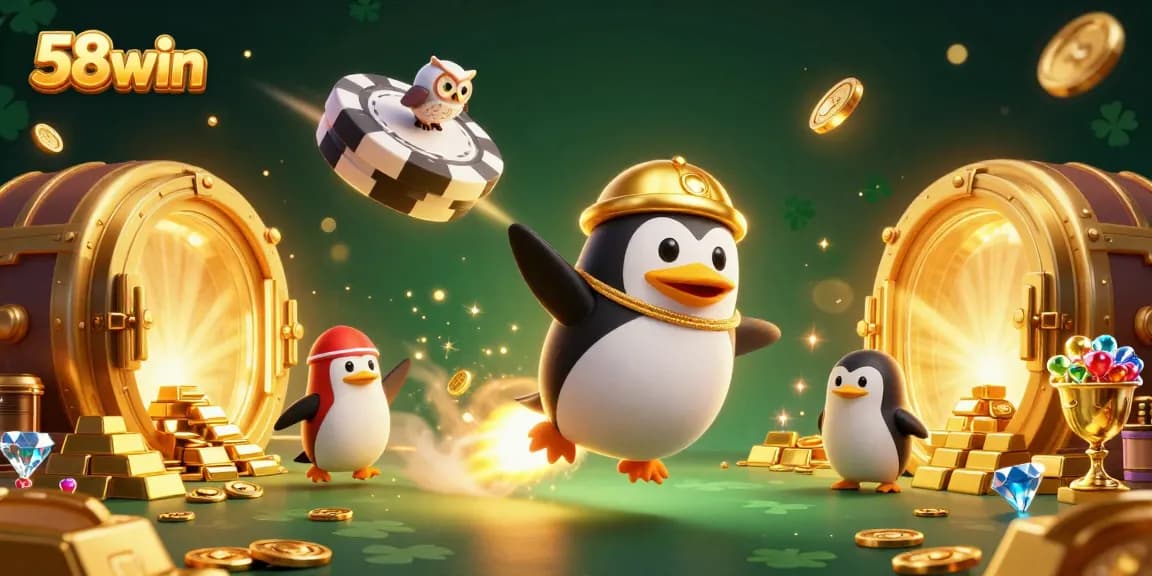 Experience thrilling gaming with 58win in a dynamic casino scene showcasing a golden penguin and treasures.