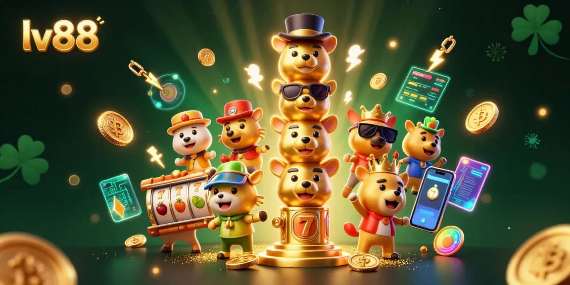 Experience thrilling jackpots at lv88 with a vividly illustrated dynamic casino scene featuring vibrant characters and crypto elements.