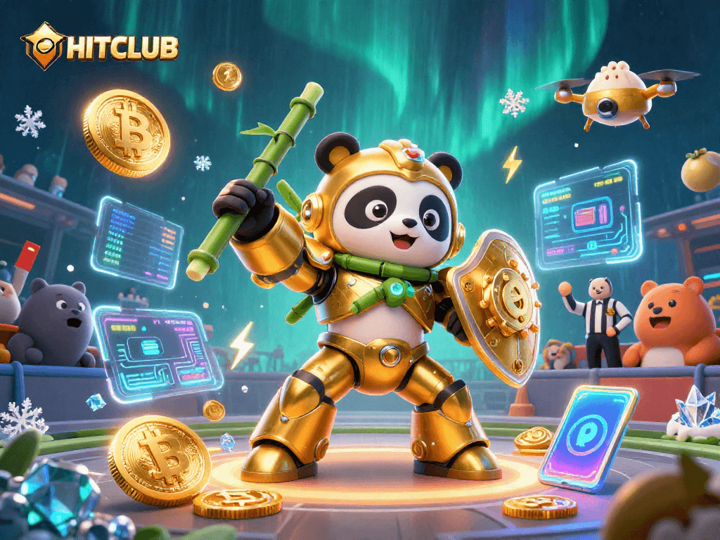 Experience gaming thrills at HITCLUB with dynamic 3D elements of crypto coins and exciting robot battles.