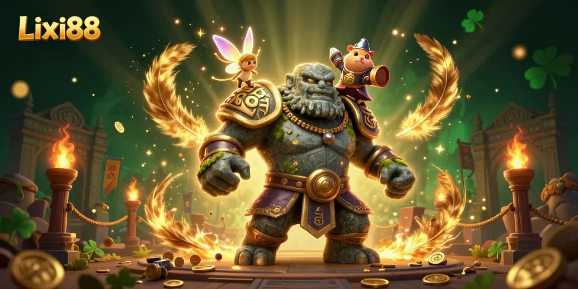 Lixi88 showcases an enchanting scene with a stone golem, fairy, and hamster knight, amidst magical casino elements.