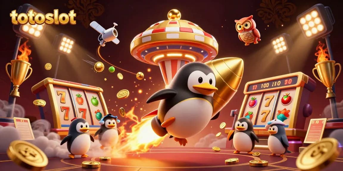 Engaging illustration of totoslot adventures with a penguin and gold coins in a casino cosmos